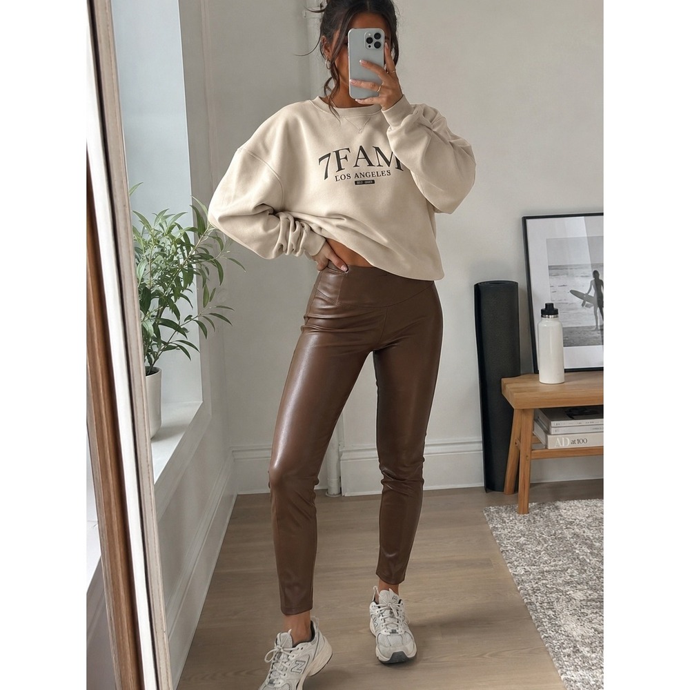 7 For All Mankind Leggings Vegan Leather High Rise Cognac Medium Slim Pants